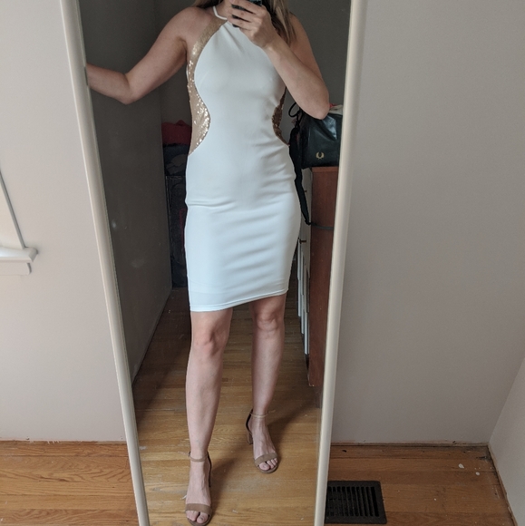 White Midi Dress Gold Sequin Detail - Picture 2 of 8